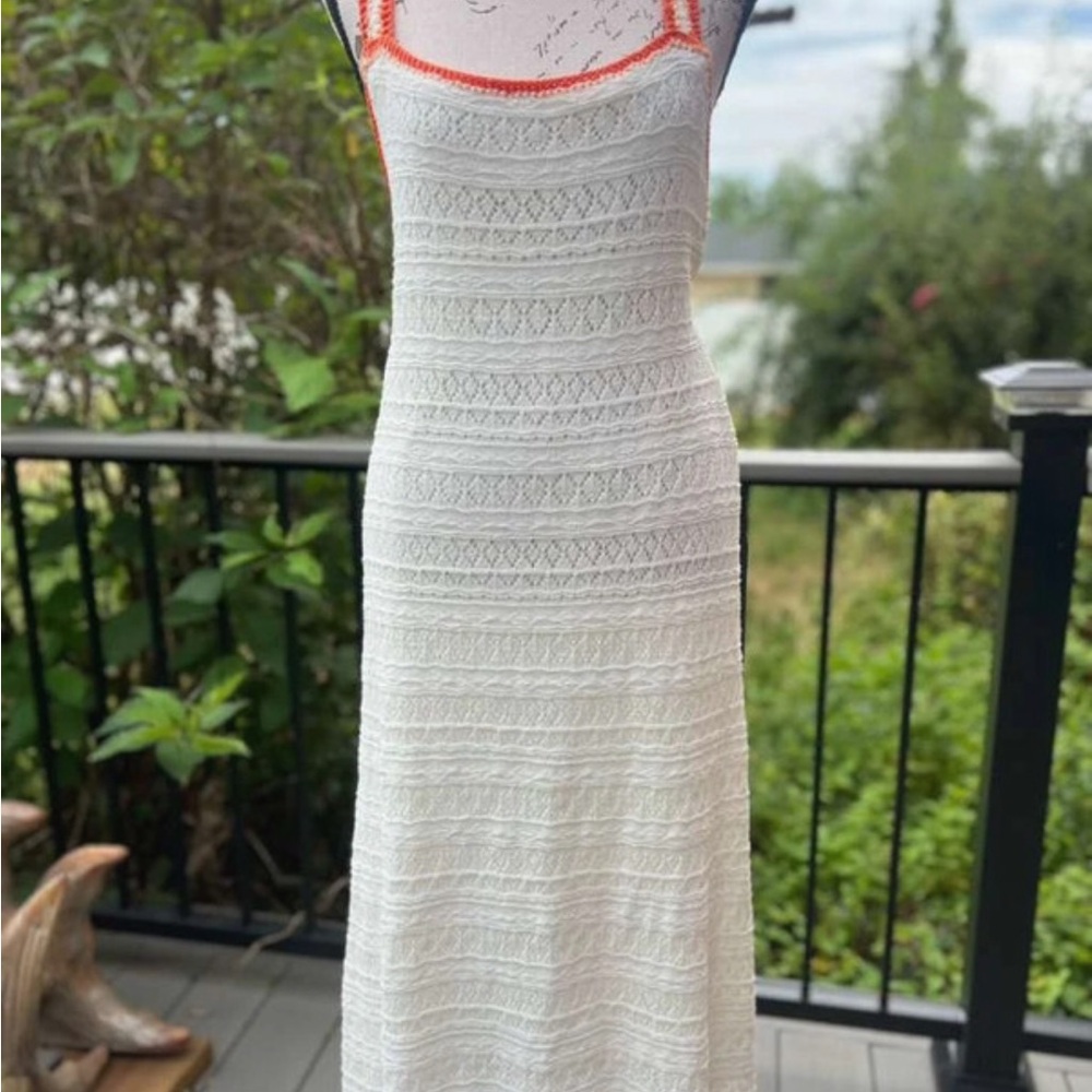 Jessica Simpson White Crochet Maxi Dress with Coral Trim